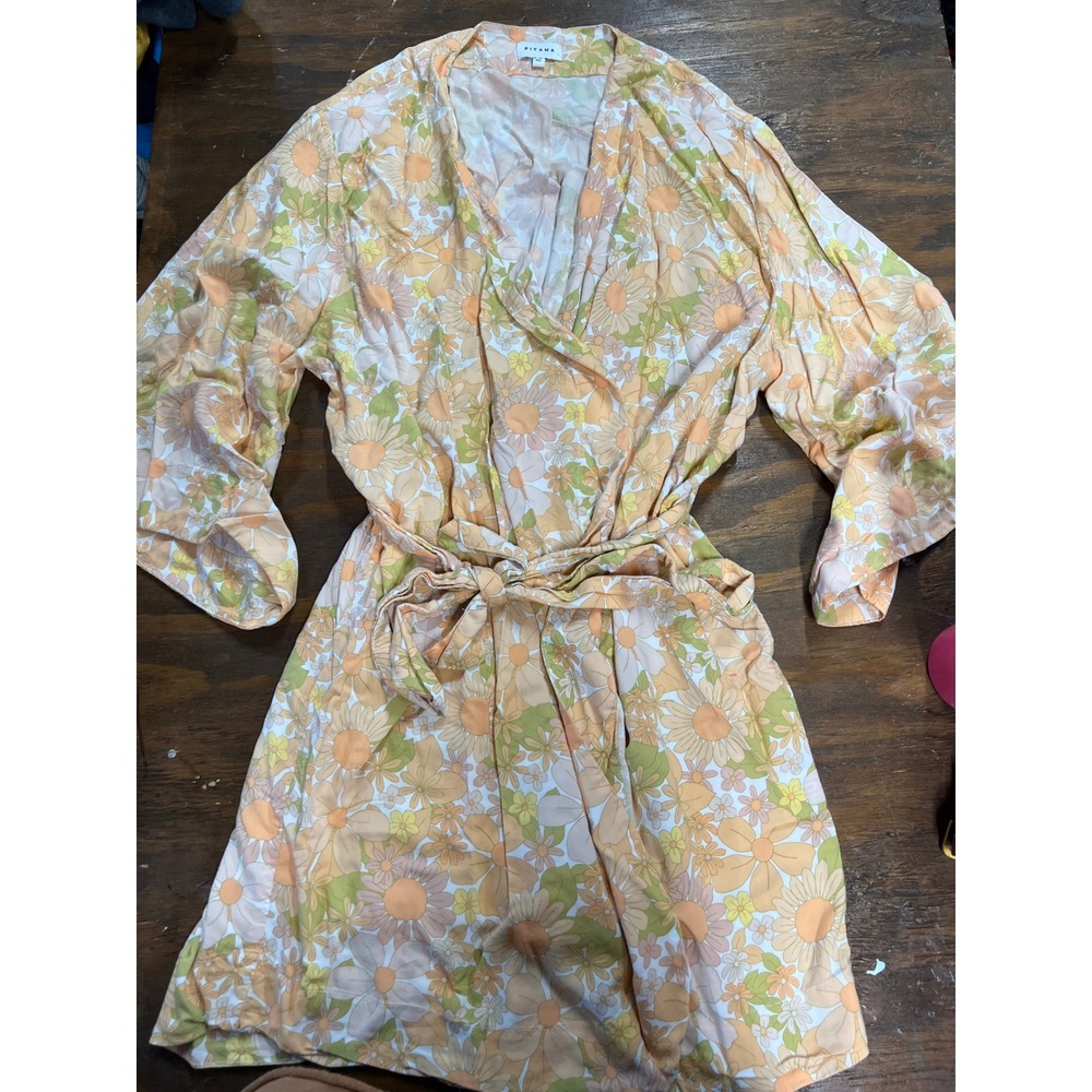 Piyama Floral Wrap Robe XL Peach Sage Green Lyocell Long Sleeve Mini Robe